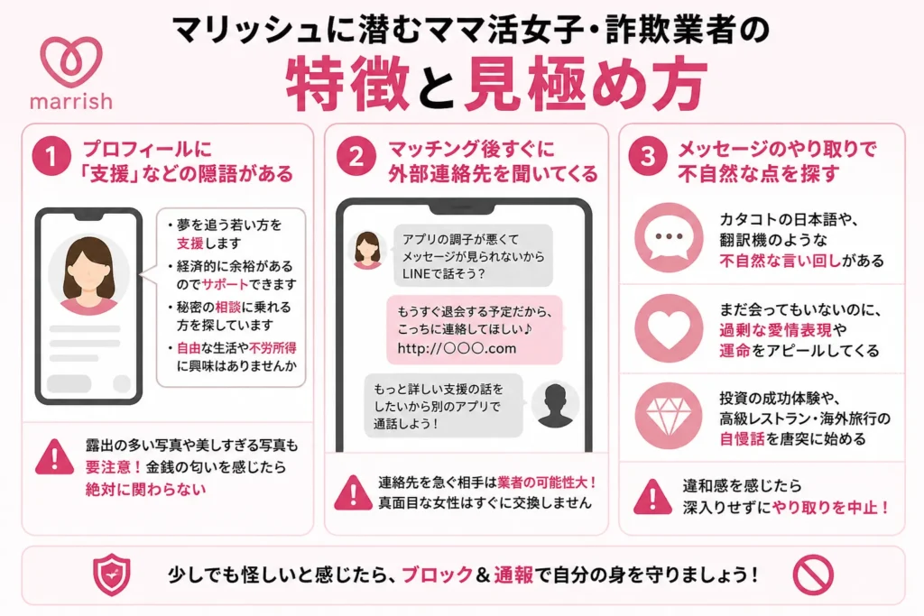 マリッシュに潜むママ活女子・詐欺業者の特徴と見極め方