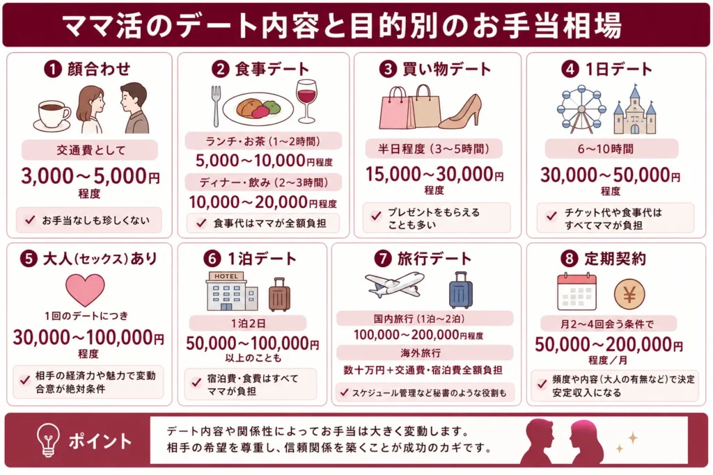 ママ活のデート内容と目的別のお手当相場